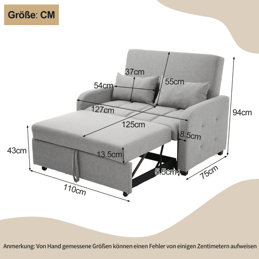 Sofá-cama de 2 lugares - reclinável e multifuncional, ideal para apartamentos e estudantes - Antique Gray