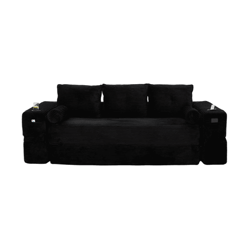 Sofá-cama de 3 lugares - em veludo, com espuma de alta densidade, núcleo de molas, almofadas Memory, bolsos e suportes para copos - Preto Sofá-cama de 3 lugares - em veludo, com espuma de alta densidade, núcleo de molas, almofadas Memory, bolsos e suportes para copos - Preto