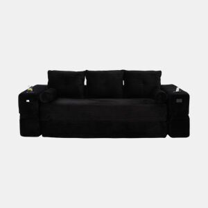 Sofá-cama de 3 lugares - em veludo, com espuma de alta densidade, núcleo de molas, almofadas Memory, bolsos e suportes para copos - Preto