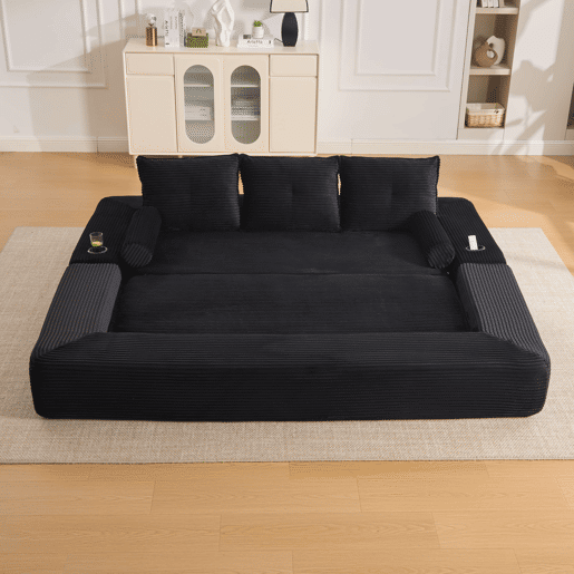 Sofá-cama de 3 lugares - em veludo, com espuma de alta densidade, núcleo de molas, almofadas Memory, bolsos e suportes para copos - Preto Sofá-cama de 3 lugares - em veludo, com espuma de alta densidade, núcleo de molas, almofadas Memory, bolsos e suportes para copos - Preto