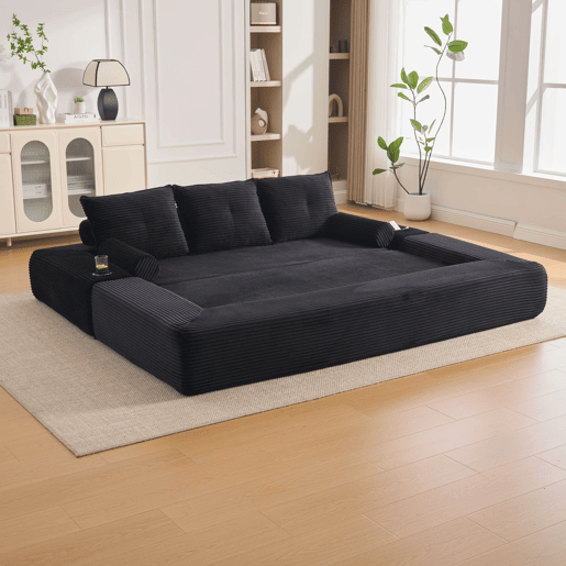 Sofá-cama de 3 lugares - em veludo, com espuma de alta densidade, núcleo de molas, almofadas Memory, bolsos e suportes para copos - Preto Sofá-cama de 3 lugares - em veludo, com espuma de alta densidade, núcleo de molas, almofadas Memory, bolsos e suportes para copos - Preto