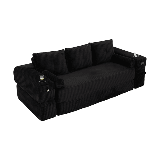 Sofá-cama de 3 lugares - em veludo, com espuma de alta densidade, núcleo de molas, almofadas Memory, bolsos e suportes para copos - Preto Sofá-cama de 3 lugares - em veludo, com espuma de alta densidade, núcleo de molas, almofadas Memory, bolsos e suportes para copos - Preto