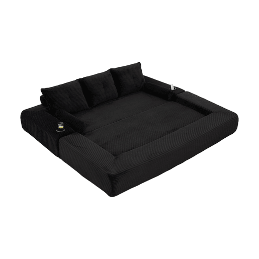 Sofá-cama de 3 lugares - em veludo, com espuma de alta densidade, núcleo de molas, almofadas Memory, bolsos e suportes para copos - Preto Sofá-cama de 3 lugares - em veludo, com espuma de alta densidade, núcleo de molas, almofadas Memory, bolsos e suportes para copos - Preto