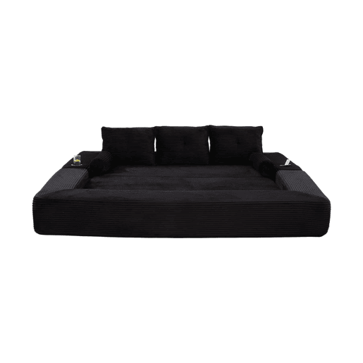 Sofá-cama de 3 lugares - em veludo, com espuma de alta densidade, núcleo de molas, almofadas Memory, bolsos e suportes para copos - Preto Sofá-cama de 3 lugares - em veludo, com espuma de alta densidade, núcleo de molas, almofadas Memory, bolsos e suportes para copos - Preto