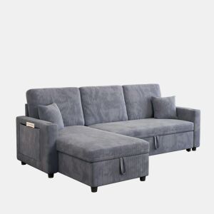 Sofá-cama de canto L de 3 lugares - modular com chaise longue, função de cama e arrumação - cinzento