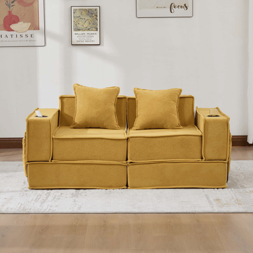 Sofá-cama duplo de 2 lugares u2013 sofá de tecido confortável com duas almofadas e pufe decorativo com arrumação lateral e porta-copos u2013 amarelo mostarda