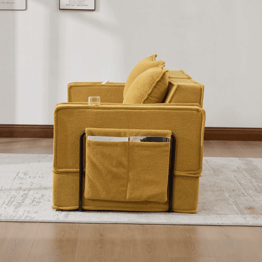 Sofá-cama duplo de 2 lugares u2013 sofá de tecido confortável com duas almofadas e pufe decorativo com arrumação lateral e porta-copos u2013 amarelo mostarda