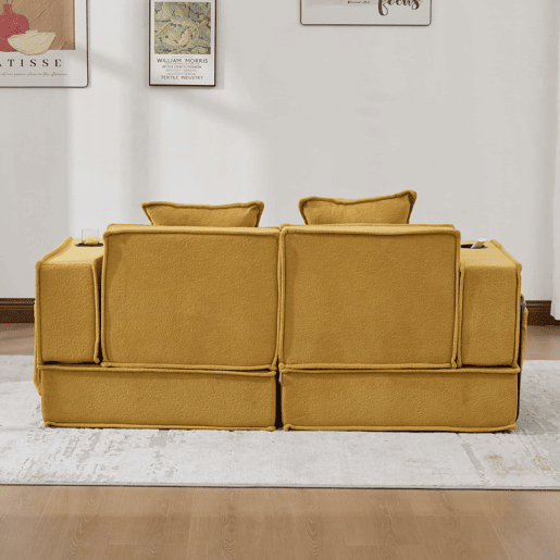 Sofá-cama duplo de 2 lugares u2013 sofá de tecido confortável com duas almofadas e pufe decorativo com arrumação lateral e porta-copos u2013 amarelo mostarda