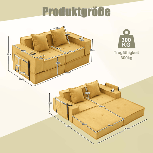 Sofá-cama duplo de 2 lugares u2013 sofá de tecido confortável com duas almofadas e pufe decorativo com arrumação lateral e porta-copos u2013 amarelo mostarda