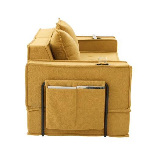 Sofá-cama duplo de 2 lugares u2013 sofá de tecido confortável com duas almofadas e pufe decorativo com arrumação lateral e porta-copos u2013 amarelo mostarda