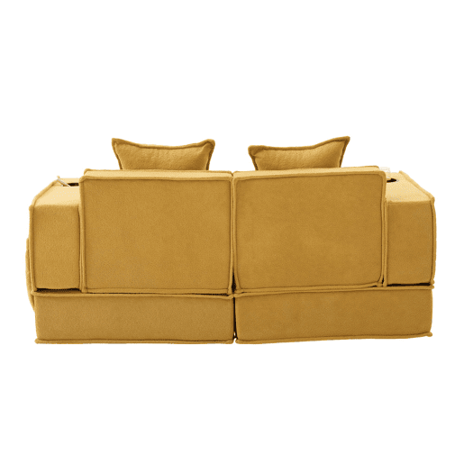Sofá-cama duplo de 2 lugares u2013 sofá de tecido confortável com duas almofadas e pufe decorativo com arrumação lateral e porta-copos u2013 amarelo mostarda
