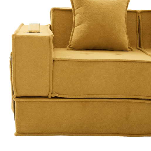 Sofá-cama duplo de 2 lugares u2013 sofá de tecido confortável com duas almofadas e pufe decorativo com arrumação lateral e porta-copos u2013 amarelo mostarda
