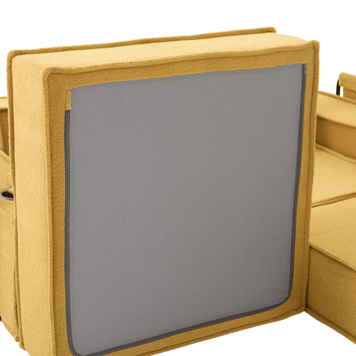 Sofá-cama duplo de 2 lugares u2013 sofá de tecido confortável com duas almofadas e pufe decorativo com arrumação lateral e porta-copos u2013 amarelo mostarda