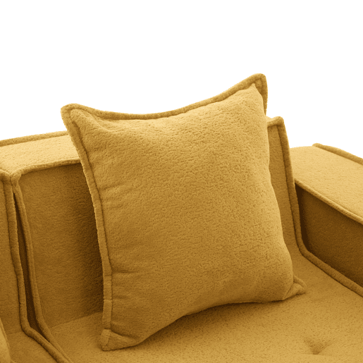 Sofá-cama duplo de 2 lugares u2013 sofá de tecido confortável com duas almofadas e pufe decorativo com arrumação lateral e porta-copos u2013 amarelo mostarda