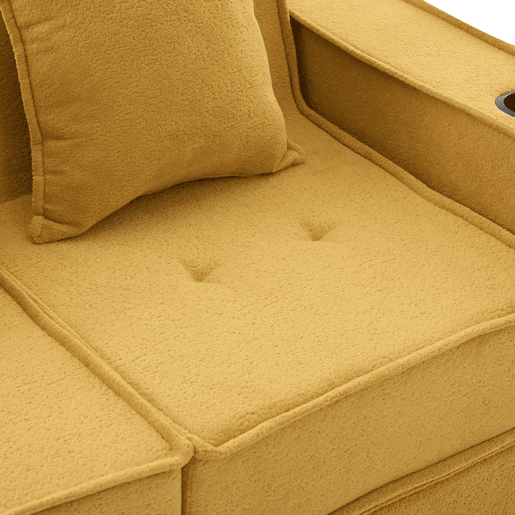 Sofá-cama duplo de 2 lugares u2013 sofá de tecido confortável com duas almofadas e pufe decorativo com arrumação lateral e porta-copos u2013 amarelo mostarda