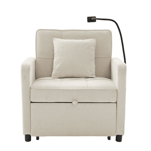 Poltrona-cama 2 em 1 individual u2014 com almofada, mesinha lateral, bolsos laterais e saco de arrumação u2014 Chenille bege Poltrona-cama 2 em 1 individual u2014 com almofada, mesinha lateral, bolsos laterais e saco de arrumação u2014 Chenille bege