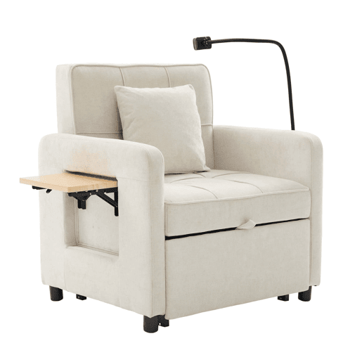 Poltrona-cama 2 em 1 individual u2014 com almofada, mesinha lateral, bolsos laterais e saco de arrumação u2014 Chenille bege Poltrona-cama 2 em 1 individual u2014 com almofada, mesinha lateral, bolsos laterais e saco de arrumação u2014 Chenille bege