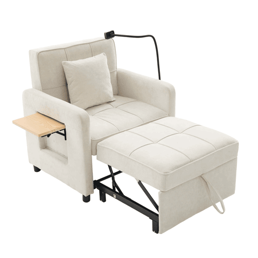 Poltrona-cama 2 em 1 individual u2014 com almofada, mesinha lateral, bolsos laterais e saco de arrumação u2014 Chenille bege Poltrona-cama 2 em 1 individual u2014 com almofada, mesinha lateral, bolsos laterais e saco de arrumação u2014 Chenille bege