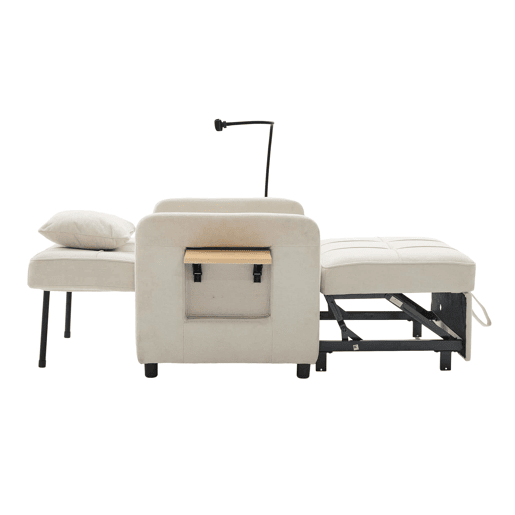 Poltrona-cama 2 em 1 individual u2014 com almofada, mesinha lateral, bolsos laterais e saco de arrumação u2014 Chenille bege Poltrona-cama 2 em 1 individual u2014 com almofada, mesinha lateral, bolsos laterais e saco de arrumação u2014 Chenille bege