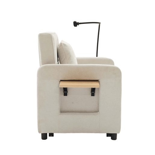 Poltrona-cama 2 em 1 individual u2014 com almofada, mesinha lateral, bolsos laterais e saco de arrumação u2014 Chenille bege Poltrona-cama 2 em 1 individual u2014 com almofada, mesinha lateral, bolsos laterais e saco de arrumação u2014 Chenille bege