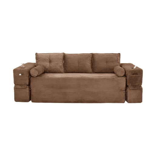 Sofá-cama de veludo de 3 lugares - espuma de alta densidade com molas, almofadas de memória, suportes para copos e bolsos, montagem rápida - Castanho Sofá-cama de veludo de 3 lugares - espuma de alta densidade com molas, almofadas de memória, suportes para copos e bolsos, montagem rápida - Castanho