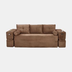 Sofá-cama de veludo de 3 lugares - espuma de alta densidade com molas, almofadas de memória, suportes para copos e bolsos, montagem rápida - Castanho