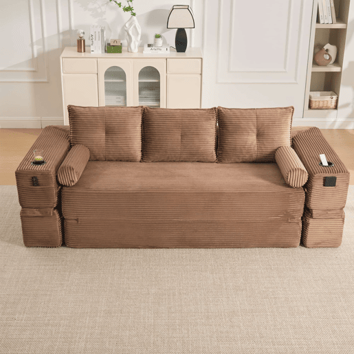 Sofá-cama de veludo de 3 lugares - espuma de alta densidade com molas, almofadas de memória, suportes para copos e bolsos, montagem rápida - Castanho Sofá-cama de veludo de 3 lugares - espuma de alta densidade com molas, almofadas de memória, suportes para copos e bolsos, montagem rápida - Castanho