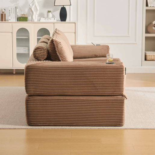 Sofá-cama de veludo de 3 lugares - espuma de alta densidade com molas, almofadas de memória, suportes para copos e bolsos, montagem rápida - Castanho Sofá-cama de veludo de 3 lugares - espuma de alta densidade com molas, almofadas de memória, suportes para copos e bolsos, montagem rápida - Castanho