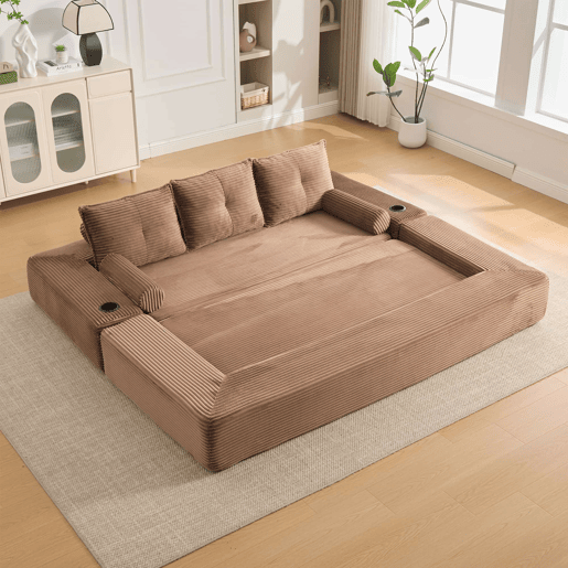 Sofá-cama de veludo de 3 lugares - espuma de alta densidade com molas, almofadas de memória, suportes para copos e bolsos, montagem rápida - Castanho Sofá-cama de veludo de 3 lugares - espuma de alta densidade com molas, almofadas de memória, suportes para copos e bolsos, montagem rápida - Castanho