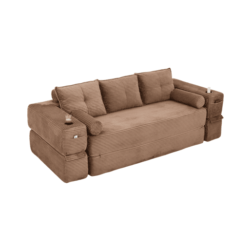 Sofá-cama de veludo de 3 lugares - espuma de alta densidade com molas, almofadas de memória, suportes para copos e bolsos, montagem rápida - Castanho Sofá-cama de veludo de 3 lugares - espuma de alta densidade com molas, almofadas de memória, suportes para copos e bolsos, montagem rápida - Castanho