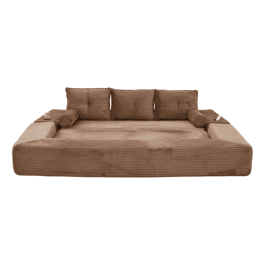 Sofá-cama de veludo de 3 lugares - espuma de alta densidade com molas, almofadas de memória, suportes para copos e bolsos, montagem rápida - Castanho Sofá-cama de veludo de 3 lugares - espuma de alta densidade com molas, almofadas de memória, suportes para copos e bolsos, montagem rápida - Castanho