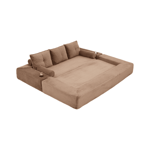 Sofá-cama de veludo de 3 lugares - espuma de alta densidade com molas, almofadas de memória, suportes para copos e bolsos, montagem rápida - Castanho Sofá-cama de veludo de 3 lugares - espuma de alta densidade com molas, almofadas de memória, suportes para copos e bolsos, montagem rápida - Castanho