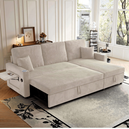 Sofá-cama de canto de 3 lugares - modular com chaise longue, espaçoso, transformável com arrumação - Bege Sofá-cama de canto de 3 lugares - modular com chaise longue, espaçoso, transformável com arrumação - Bege