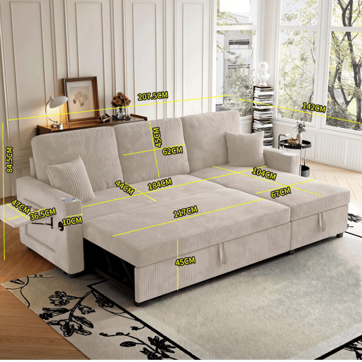 Sofá-cama de canto de 3 lugares - modular com chaise longue, espaçoso, transformável com arrumação - Bege Sofá-cama de canto de 3 lugares - modular com chaise longue, espaçoso, transformável com arrumação - Bege