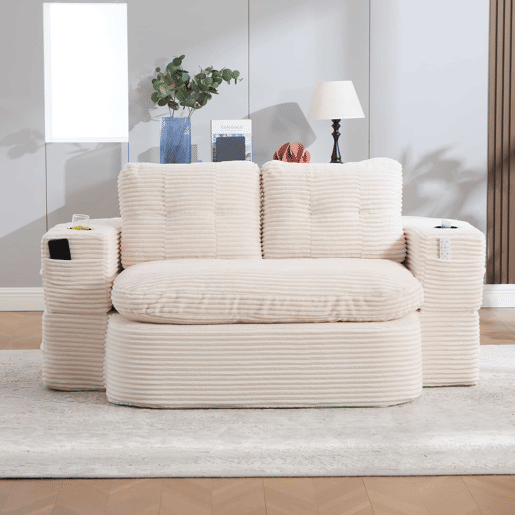 Poltrona-cama de 2 lugares - sofá-cama 2 em 1 em veludo, com encosto alto, braços ajustáveis e porta-copos - Bege Poltrona-cama de 2 lugares - sofá-cama 2 em 1 em veludo, com encosto alto, braços ajustáveis e porta-copos - Bege