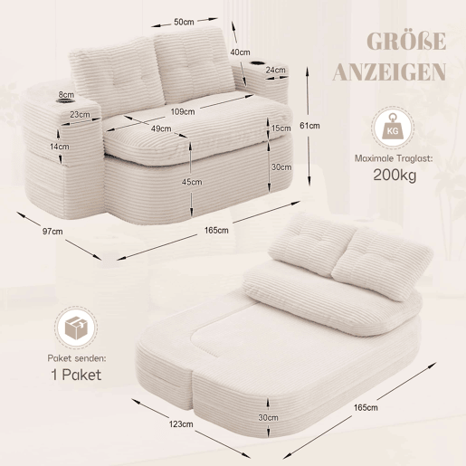 Poltrona-cama de 2 lugares - sofá-cama 2 em 1 em veludo, com encosto alto, braços ajustáveis e porta-copos - Bege Poltrona-cama de 2 lugares - sofá-cama 2 em 1 em veludo, com encosto alto, braços ajustáveis e porta-copos - Bege
