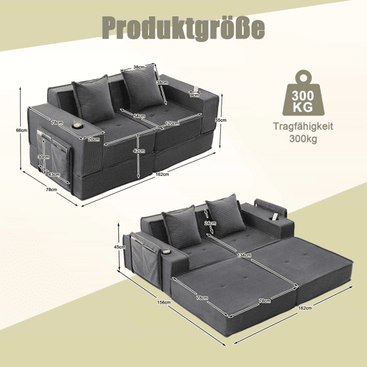 Sofá-cama duplo de 2 lugares u2013 sofá em tecido confortável com duas almofadas, apoio para os pés decorativo com arrumação lateral e porta-copos, ideal para recantos de leitura e salas de jogos u2013 cinzento escuro Sofá-cama duplo de 2 lugares u2013 sofá em tecido confortável com duas almofadas, apoio para os pés decorativo com arrumação lateral e porta-copos, ideal para recantos de leitura e salas de jogos u2013 cinzento escuro