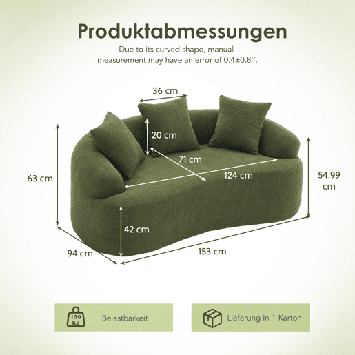 Sofá modular de 2 lugares - Curvado, compacto, com 3 almofadas decorativas, ideal para apartamentos - Verde Sofá modular de 2 lugares - Curvado, compacto, com 3 almofadas decorativas, ideal para apartamentos - Verde