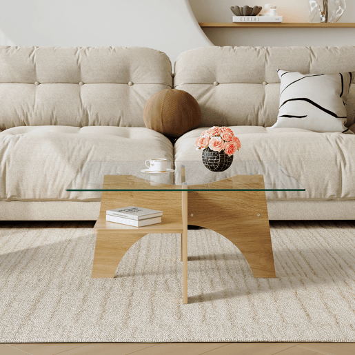 Mesa auxiliar quadrada moderna mesa de sala de vidro temperado u2013 80 cm de lado. Pernas da mesa em MDF com folheado de madeira clara. - Cor: Transparente, Madeira Mesa auxiliar quadrada moderna mesa de sala de vidro temperado u2013 80 cm de lado. Pernas da mesa em MDF com folheado de madeira clara. - Cor: Transparente, Madeira