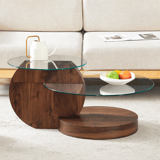 Mesa de centro moderna - design multicamadas, suporte em MDF - TransparenteNogueira Mesa de centro moderna - design multicamadas, suporte em MDF - TransparenteNogueira