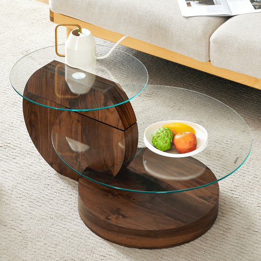 Mesa de centro moderna - design multicamadas, suporte em MDF - TransparenteNogueira Mesa de centro moderna - design multicamadas, suporte em MDF - TransparenteNogueira