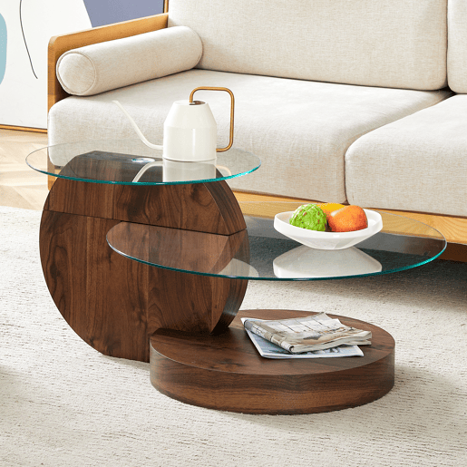 Mesa de centro moderna - design multicamadas, suporte em MDF - TransparenteNogueira Mesa de centro moderna - design multicamadas, suporte em MDF - TransparenteNogueira