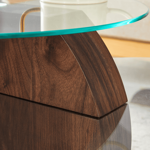 Mesa de centro moderna - design multicamadas, suporte em MDF - TransparenteNogueira Mesa de centro moderna - design multicamadas, suporte em MDF - TransparenteNogueira