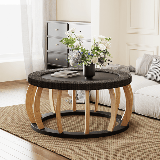 Mesa de centro redonda de 90 cm - rattan e madeira maciça, pernas curvas em estilo boho - preto e castanho Mesa de centro redonda de 90 cm - rattan e madeira maciça, pernas curvas em estilo boho - preto e castanho