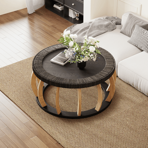 Mesa de centro redonda de 90 cm - rattan e madeira maciça, pernas curvas em estilo boho - preto e castanho Mesa de centro redonda de 90 cm - rattan e madeira maciça, pernas curvas em estilo boho - preto e castanho