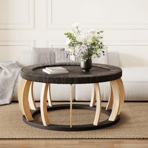 Mesa de centro redonda de 90 cm - rattan e madeira maciça, pernas curvas em estilo boho - preto e castanho Mesa de centro redonda de 90 cm - rattan e madeira maciça, pernas curvas em estilo boho - preto e castanho