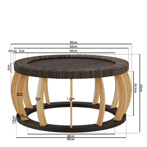Mesa de centro redonda de 90 cm - rattan e madeira maciça, pernas curvas em estilo boho - preto e castanho Mesa de centro redonda de 90 cm - rattan e madeira maciça, pernas curvas em estilo boho - preto e castanho