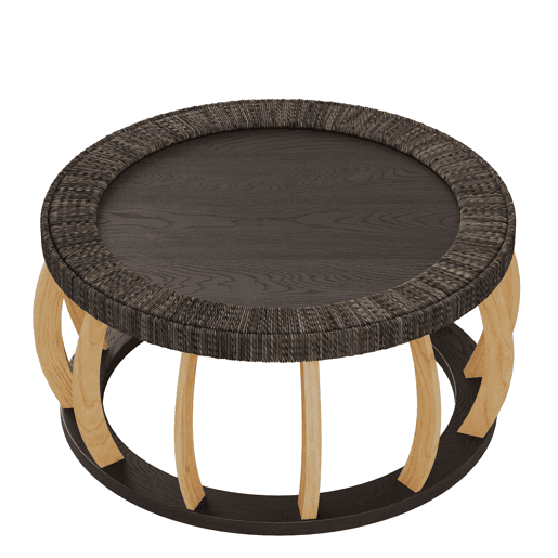 Mesa de centro redonda de 90 cm - rattan e madeira maciça, pernas curvas em estilo boho - preto e castanho Mesa de centro redonda de 90 cm - rattan e madeira maciça, pernas curvas em estilo boho - preto e castanho