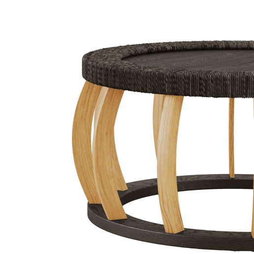 Mesa de centro redonda de 90 cm - rattan e madeira maciça, pernas curvas em estilo boho - preto e castanho Mesa de centro redonda de 90 cm - rattan e madeira maciça, pernas curvas em estilo boho - preto e castanho