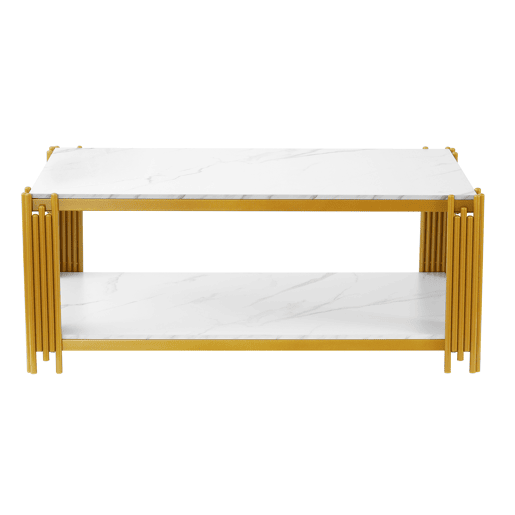 Mesa de centro 114 x 64 x 46 cm - retangular com pés de metal e tampo com efeito mármore, mobiliário moderno - branco e dourado Mesa de centro 114 x 64 x 46 cm - retangular com pés de metal e tampo com efeito mármore, mobiliário moderno - branco e dourado
